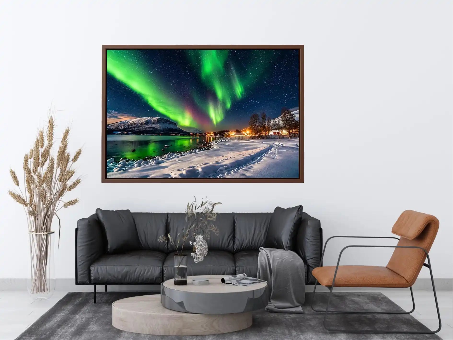 Aurora borealis northern lights wall art snowy landscape night sky canvas print for living room bedroom decor