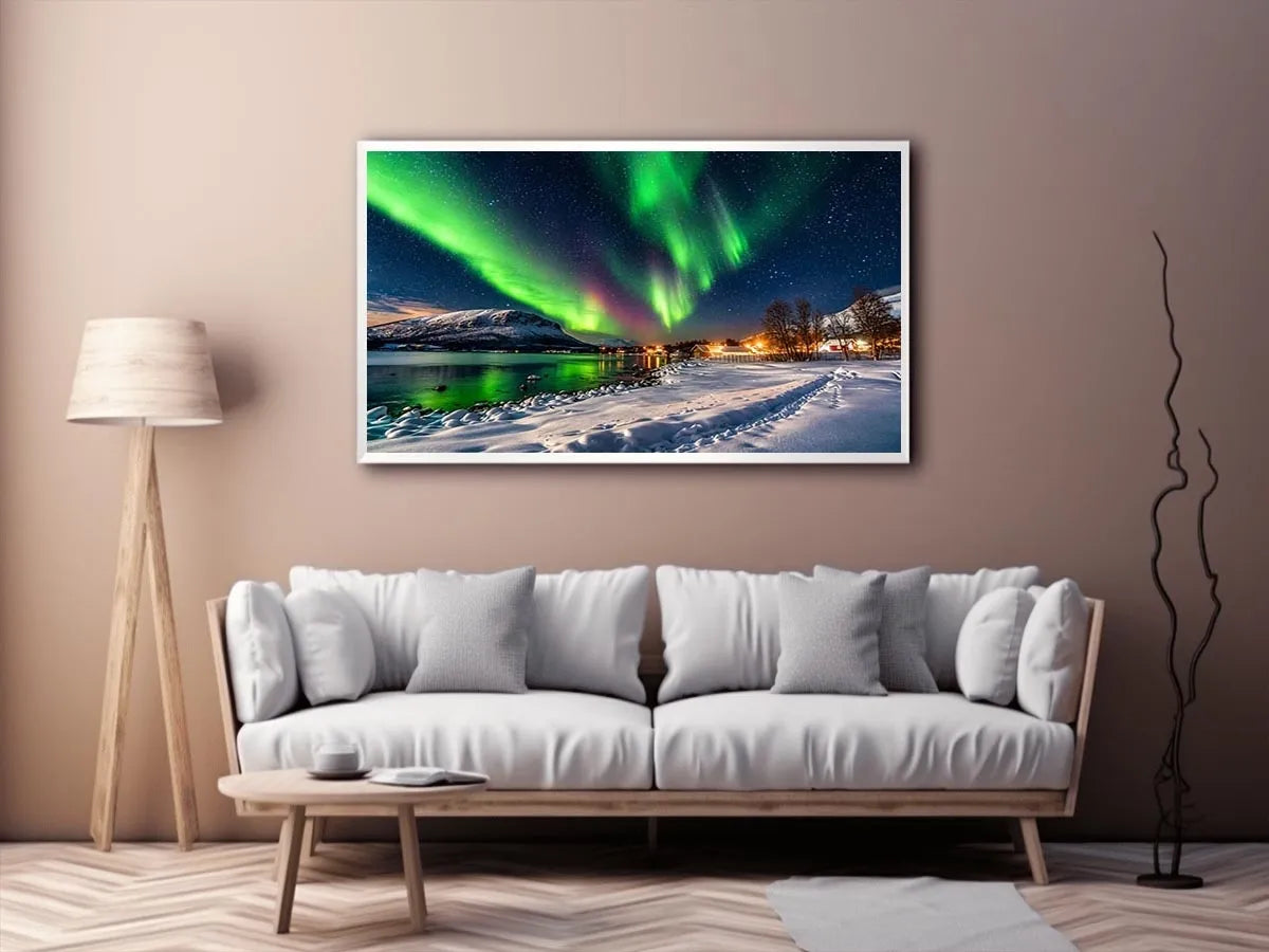 Aurora borealis northern lights wall art snowy landscape night sky canvas print for living room bedroom decor