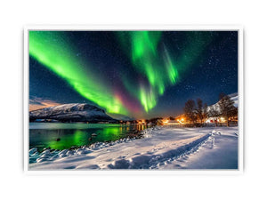 Aurora borealis northern lights wall art snowy landscape night sky canvas print for living room bedroom decor