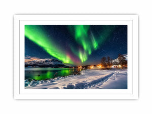 Aurora borealis northern lights wall art snowy landscape night sky canvas print for living room bedroom decor