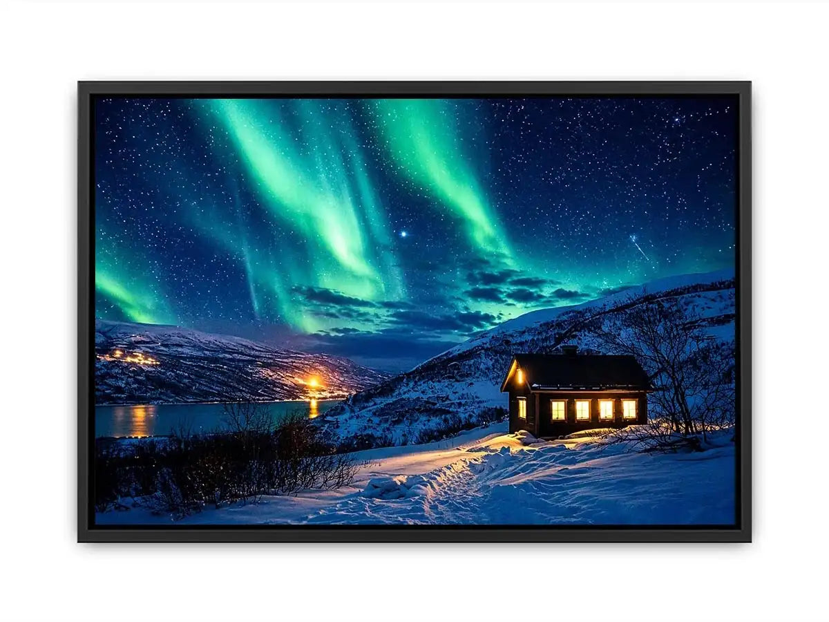 Aurora borealis cabin wall art snowy night landscape northern lights canvas print for living room bedroom decor