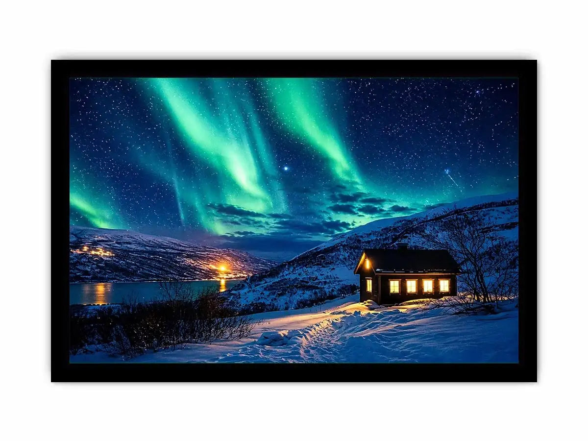Aurora borealis cabin wall art snowy night landscape northern lights canvas print for living room bedroom decor
