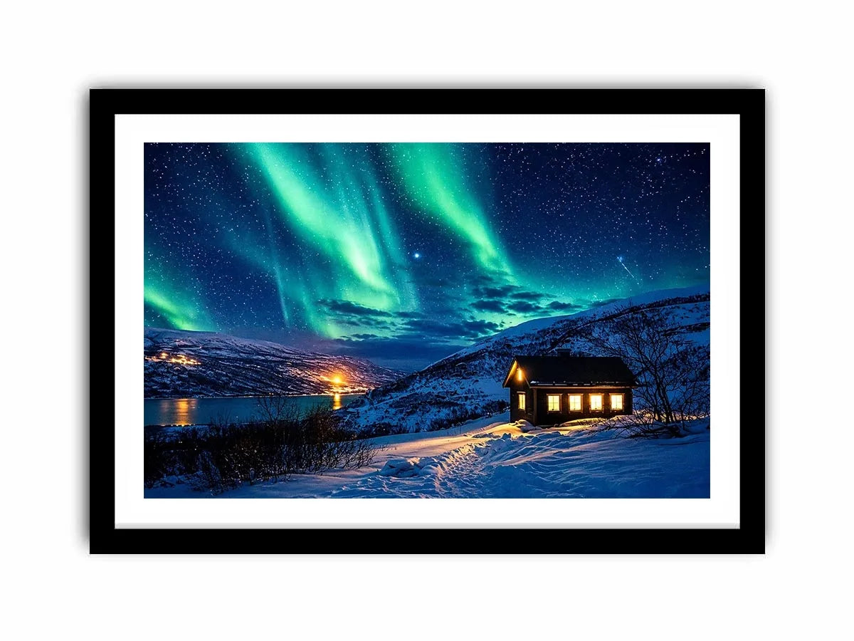 Aurora borealis cabin wall art snowy night landscape northern lights canvas print for living room bedroom decor