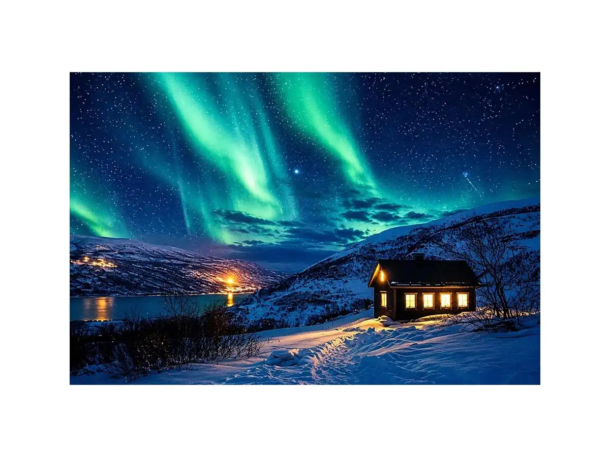Aurora borealis cabin wall art snowy night landscape northern lights canvas print for living room bedroom decor