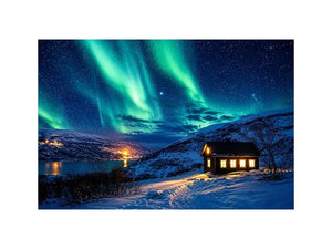 Aurora borealis cabin wall art snowy night landscape northern lights canvas print for living room bedroom decor