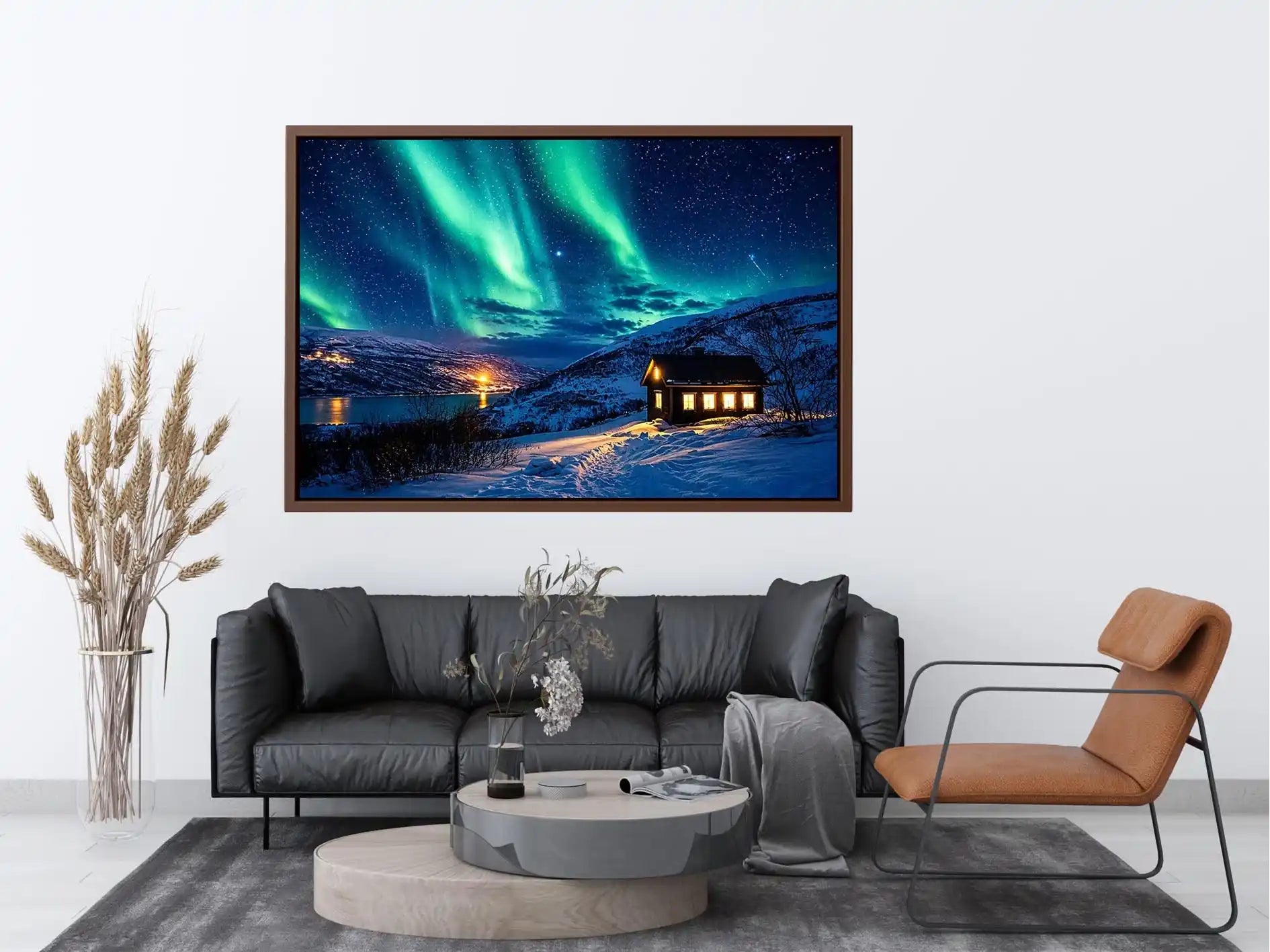 Aurora borealis cabin wall art snowy night landscape northern lights canvas print for living room bedroom decor