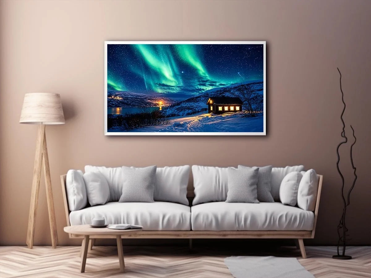 Aurora borealis cabin wall art snowy night landscape northern lights canvas print for living room bedroom decor