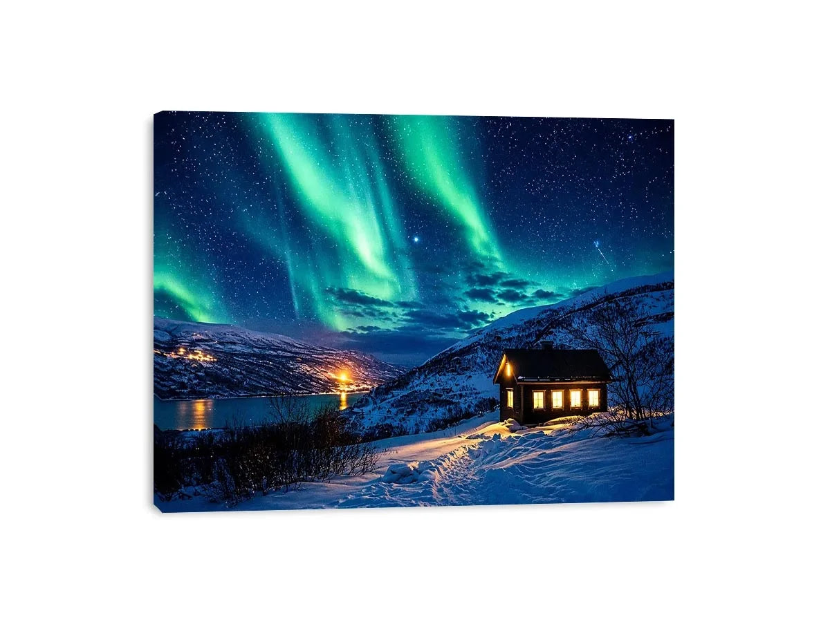 Aurora borealis cabin wall art snowy night landscape northern lights canvas print for living room bedroom decor