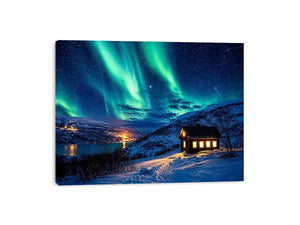 Aurora borealis cabin wall art snowy night landscape northern lights canvas print for living room bedroom decor