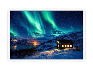 Aurora borealis cabin wall art snowy night landscape northern lights canvas print for living room bedroom decor