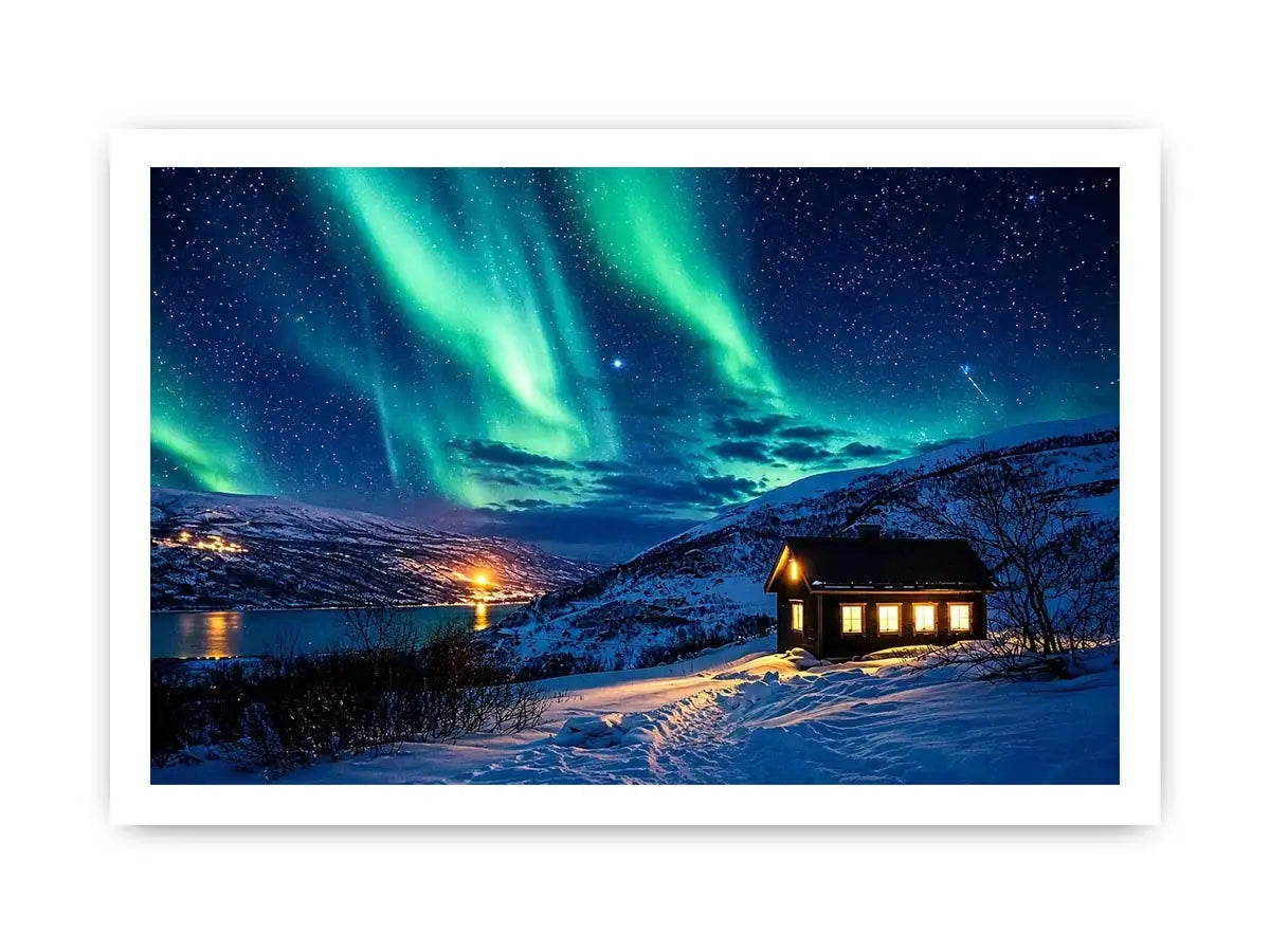 Aurora borealis cabin wall art snowy night landscape northern lights canvas print for living room bedroom decor