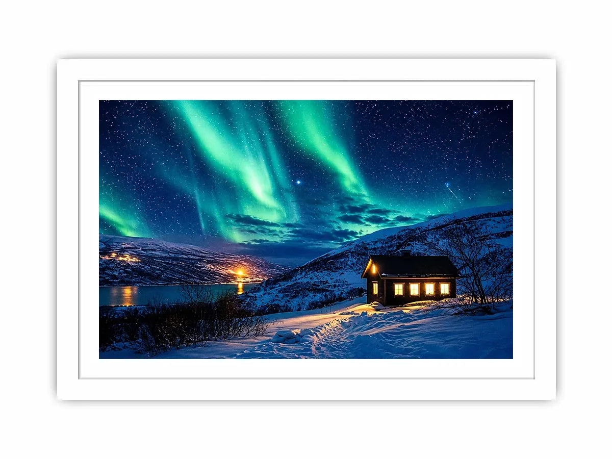 Aurora borealis cabin wall art snowy night landscape northern lights canvas print for living room bedroom decor