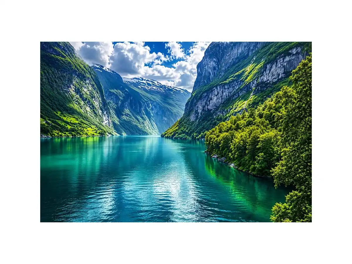 Scandinavian fjord landscape wall art green mountains lake canvas print for living room office decor