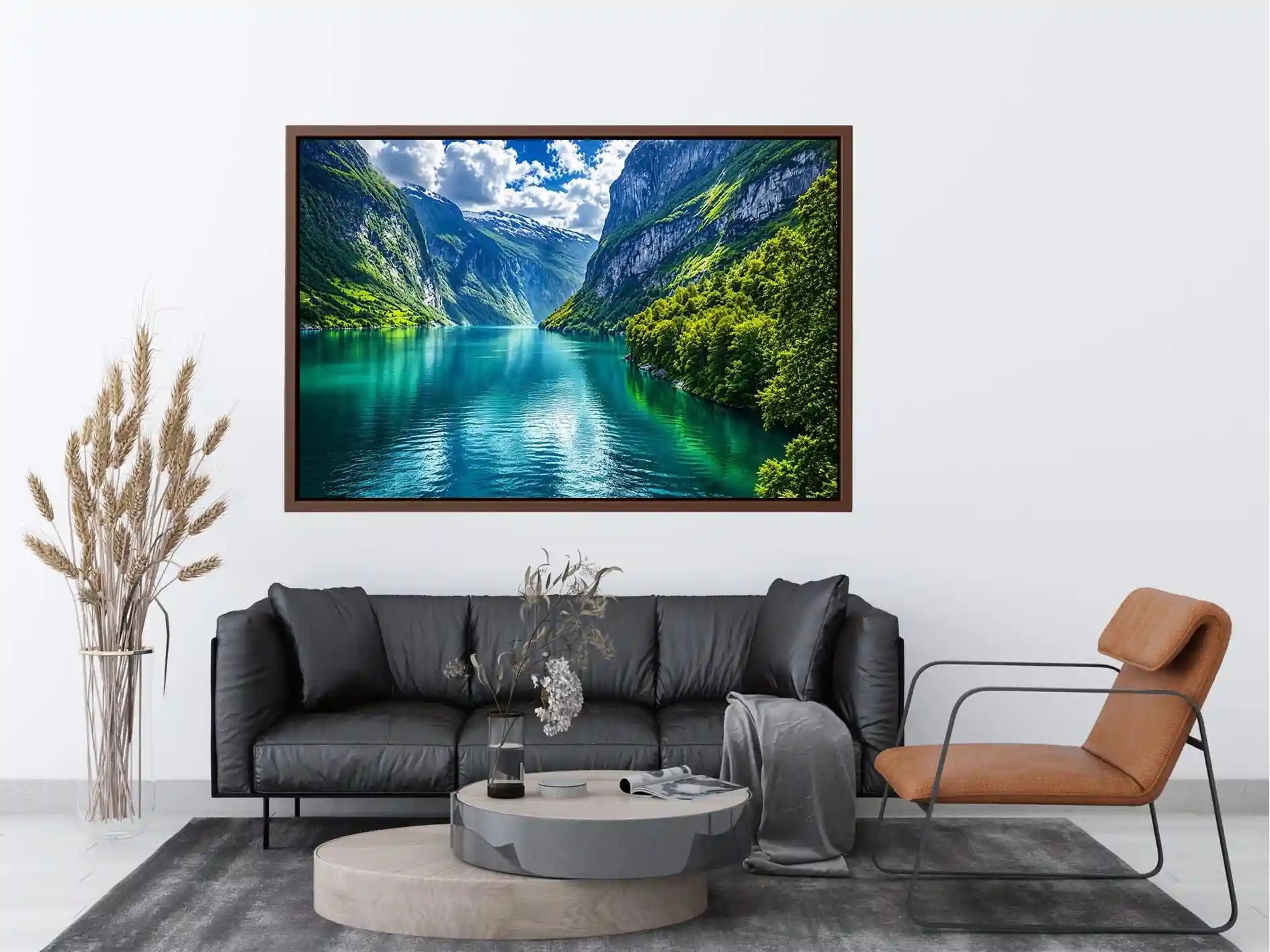 Scandinavian fjord landscape wall art green mountains lake canvas print for living room office decor