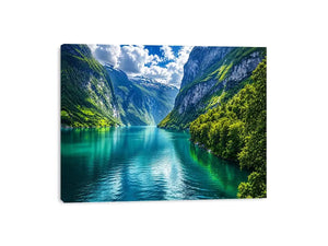 Scandinavian fjord landscape wall art green mountains lake canvas print for living room office decor