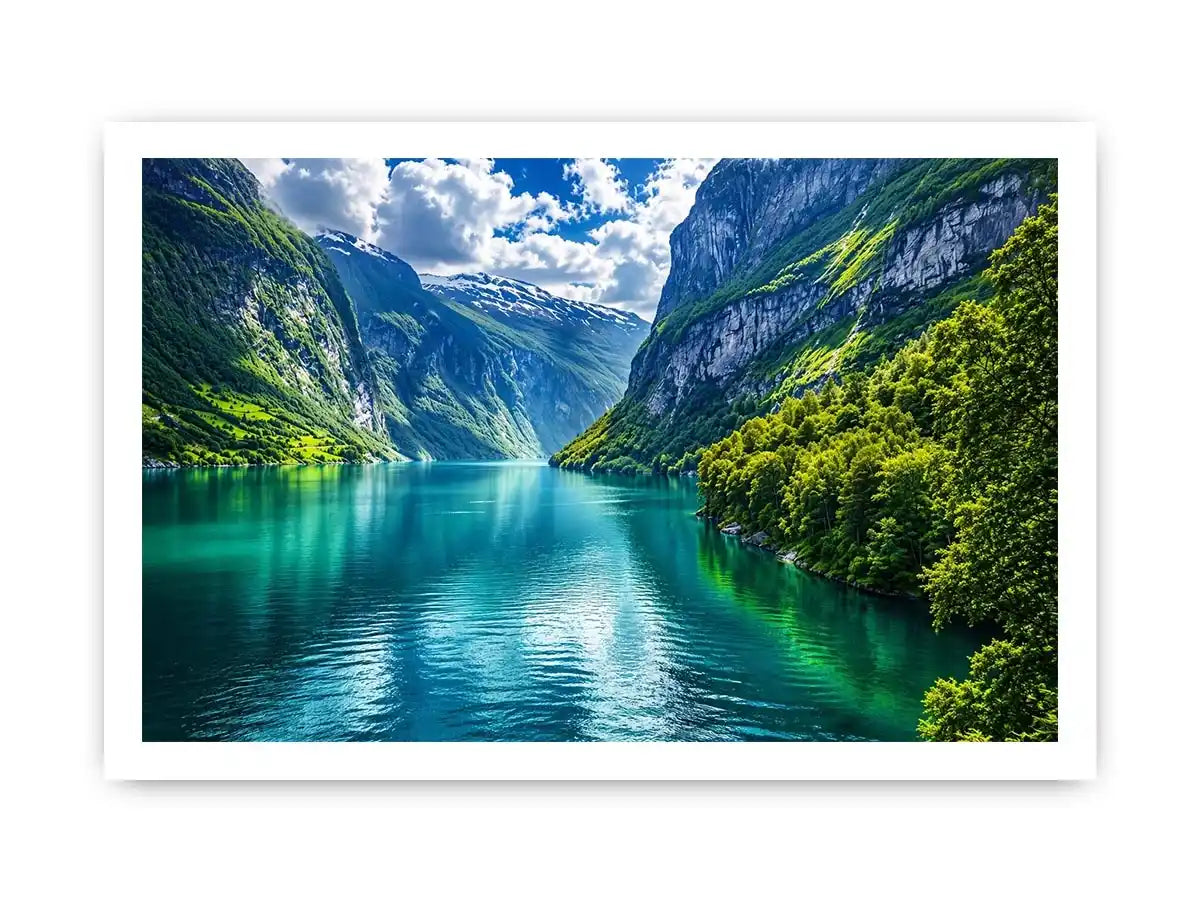 Scandinavian fjord landscape wall art green mountains lake canvas print for living room office decor