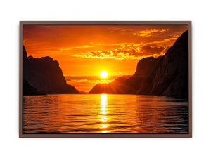 Golden sunset fjord wall art glowing sun reflection landscape canvas print for living room bedroom decor