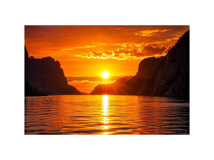 Golden sunset fjord wall art glowing sun reflection landscape canvas print for living room bedroom decor