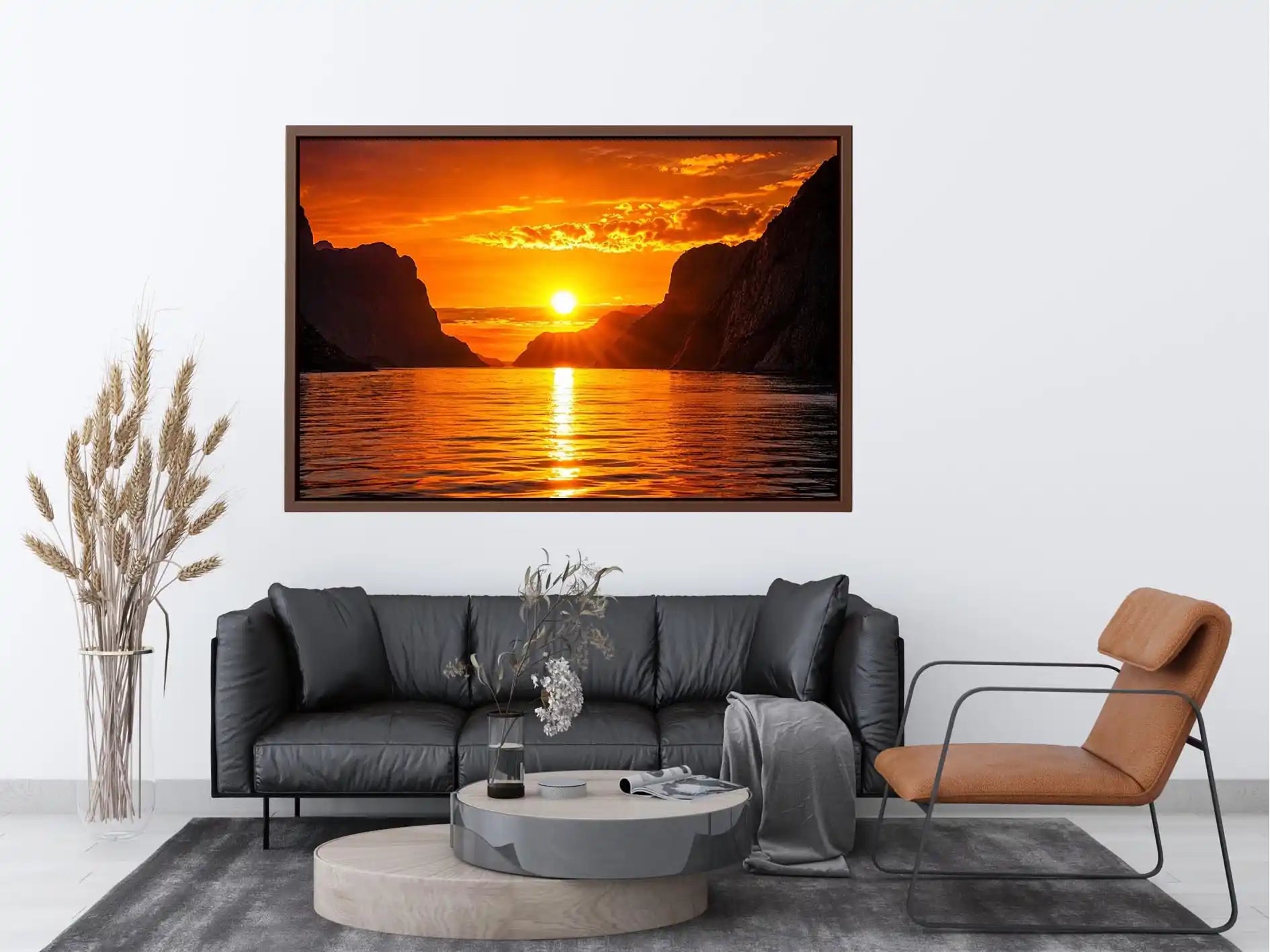 Golden sunset fjord wall art glowing sun reflection landscape canvas print for living room bedroom decor