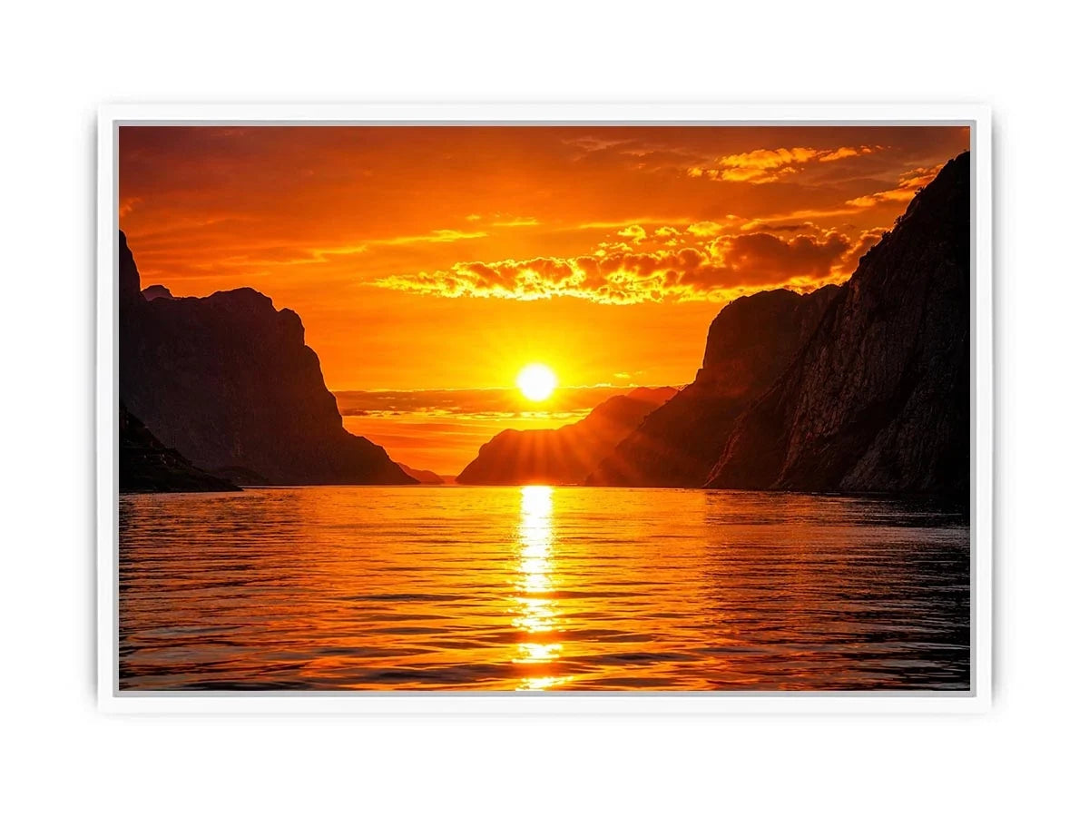 Golden sunset fjord wall art glowing sun reflection landscape canvas print for living room bedroom decor