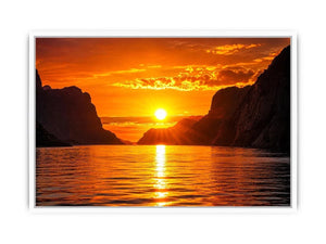 Golden sunset fjord wall art glowing sun reflection landscape canvas print for living room bedroom decor