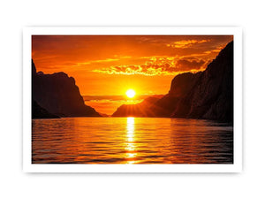 Golden sunset fjord wall art glowing sun reflection landscape canvas print for living room bedroom decor