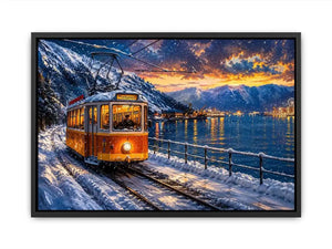 Winter tram fjord wall art snowy landscape glowing lights canvas print for living room bedroom decor