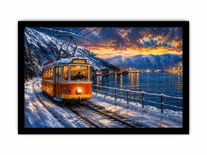 Winter tram fjord wall art snowy landscape glowing lights canvas print for living room bedroom decor