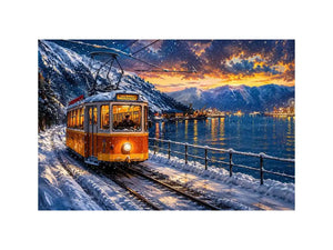 Winter tram fjord wall art snowy landscape glowing lights canvas print for living room bedroom decor