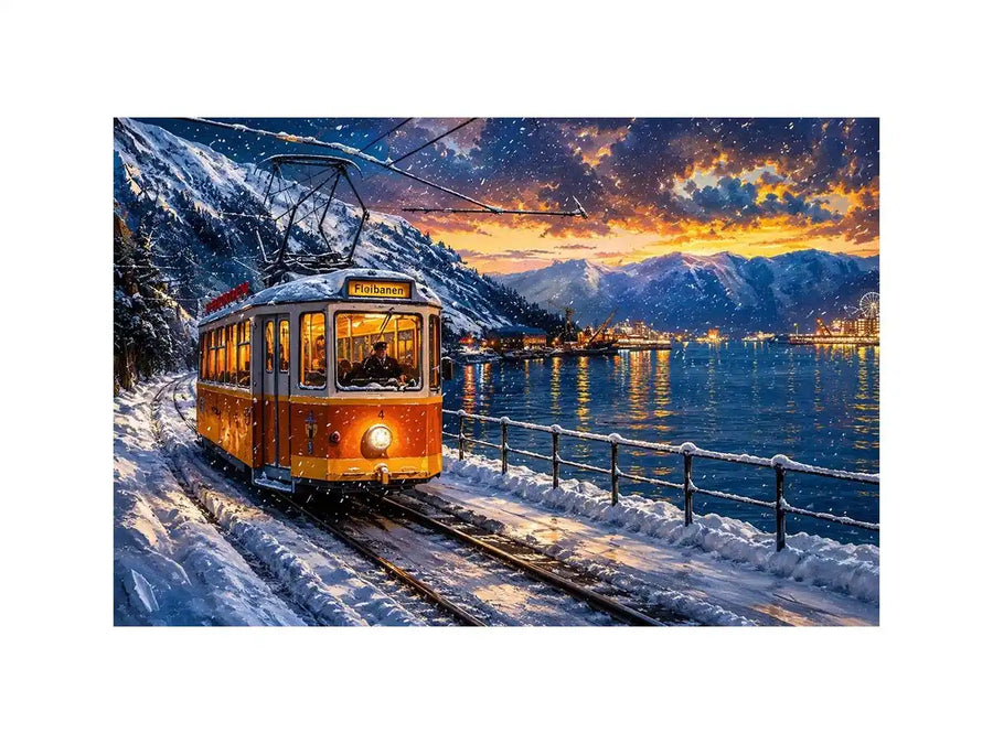 Winter tram fjord wall art snowy landscape glowing lights canvas print for living room bedroom decor