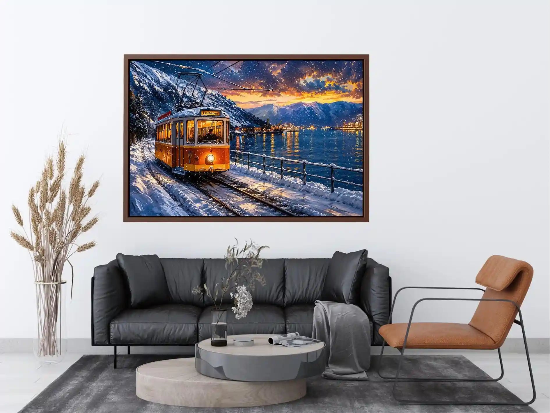 Winter tram fjord wall art snowy landscape glowing lights canvas print for living room bedroom decor