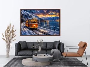 Winter tram fjord wall art snowy landscape glowing lights canvas print for living room bedroom decor