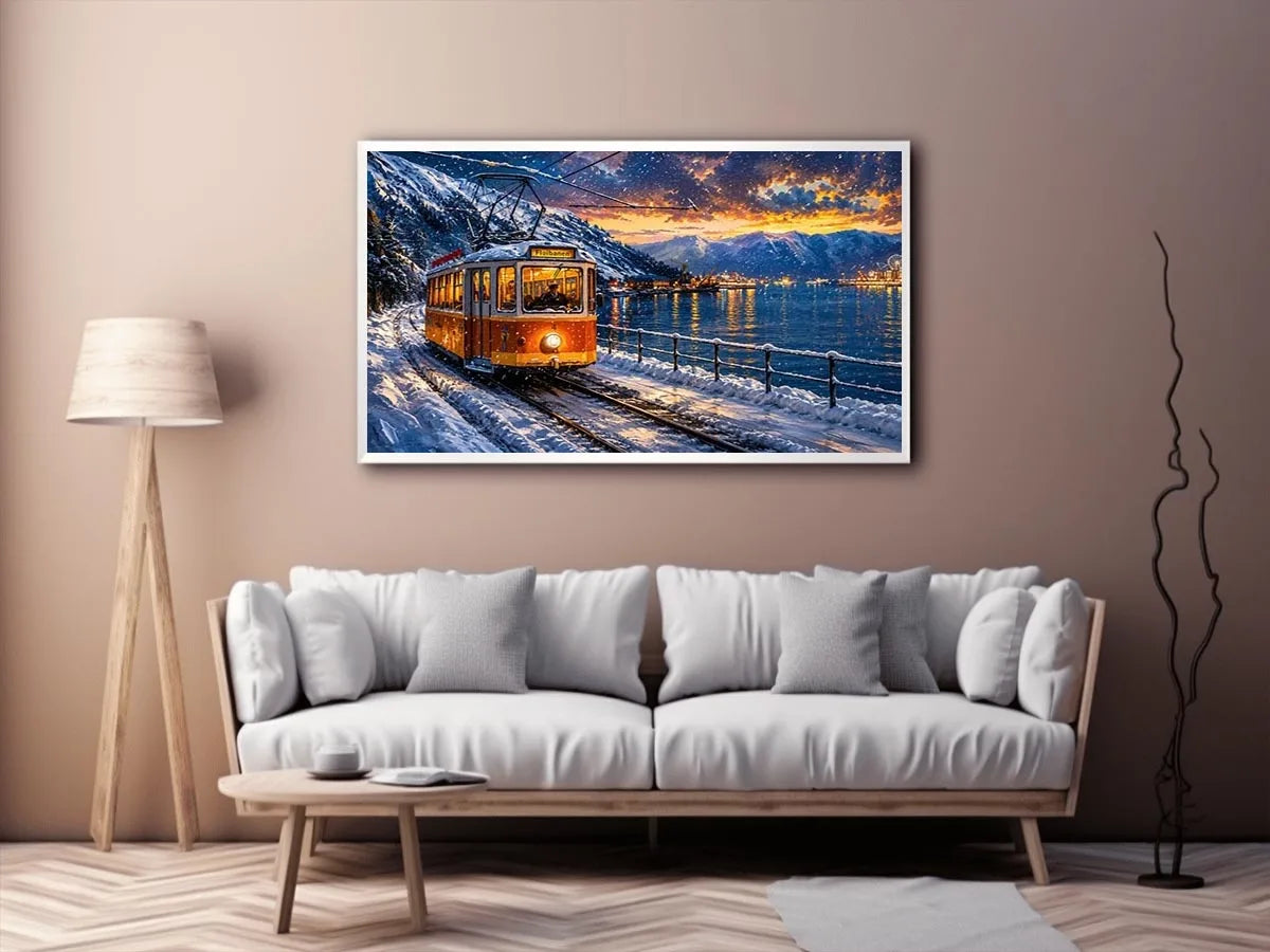 Winter tram fjord wall art snowy landscape glowing lights canvas print for living room bedroom decor