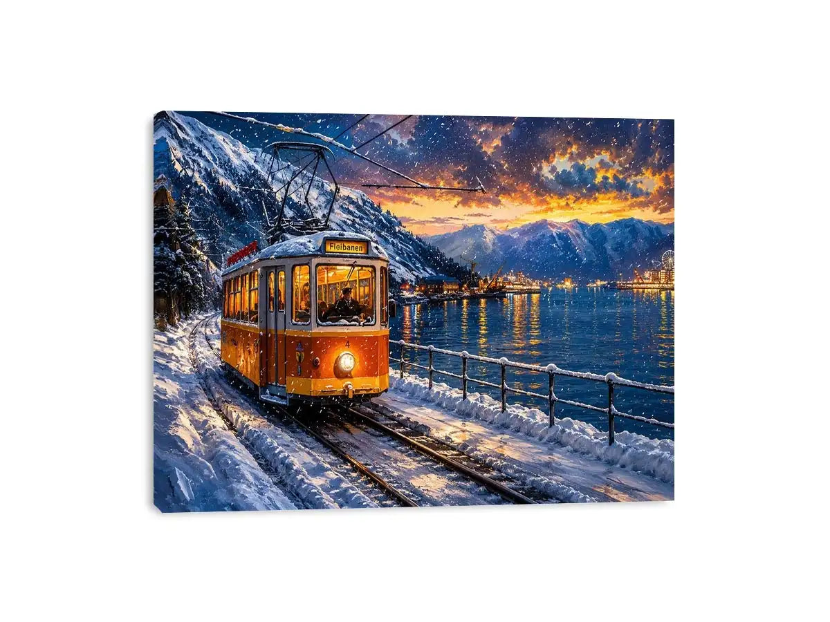 Winter tram fjord wall art snowy landscape glowing lights canvas print for living room bedroom decor