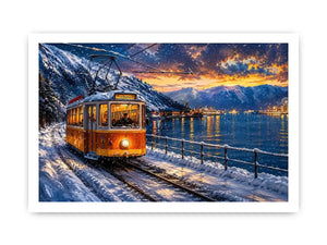 Winter tram fjord wall art snowy landscape glowing lights canvas print for living room bedroom decor