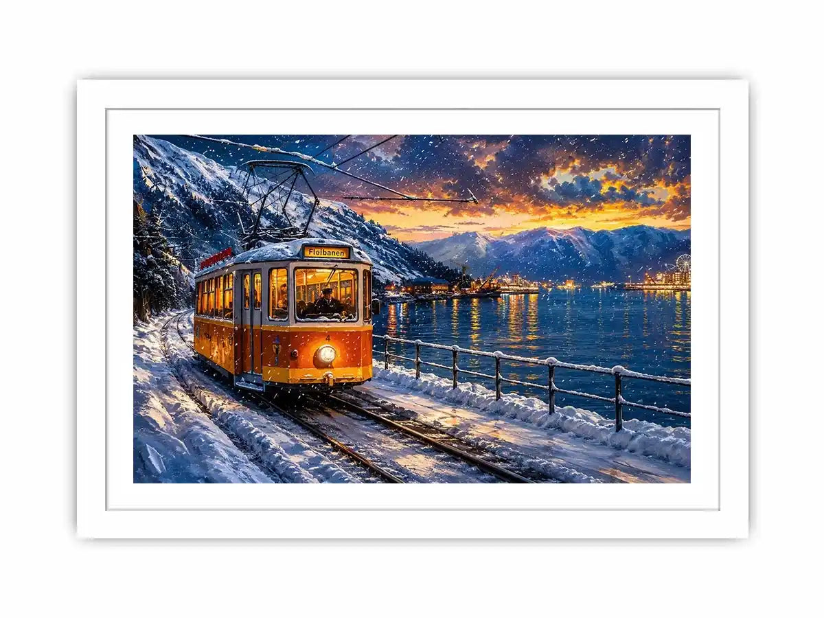 Winter tram fjord wall art snowy landscape glowing lights canvas print for living room bedroom decor