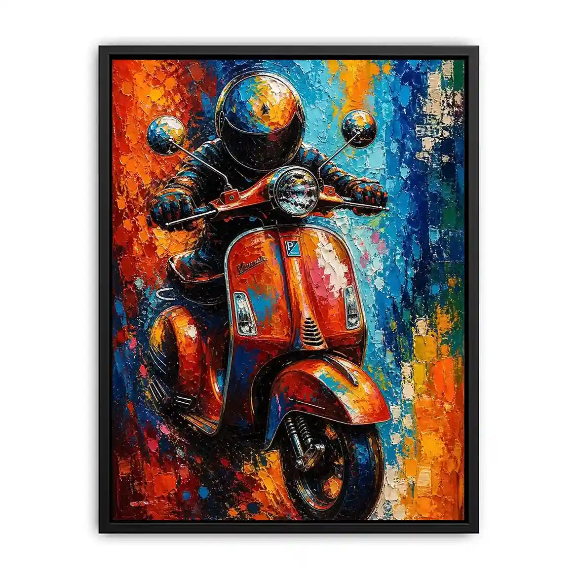 Colorful urban scooter painting with graffiti splashes and vibrant neon tones