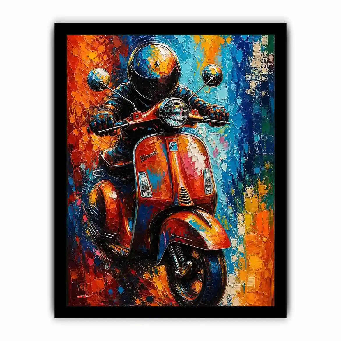 Colorful urban scooter painting with graffiti splashes and vibrant neon tones