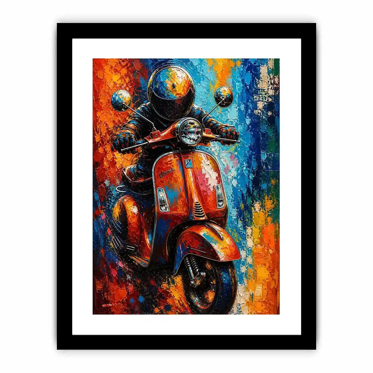 Colorful urban scooter painting with graffiti splashes and vibrant neon tones