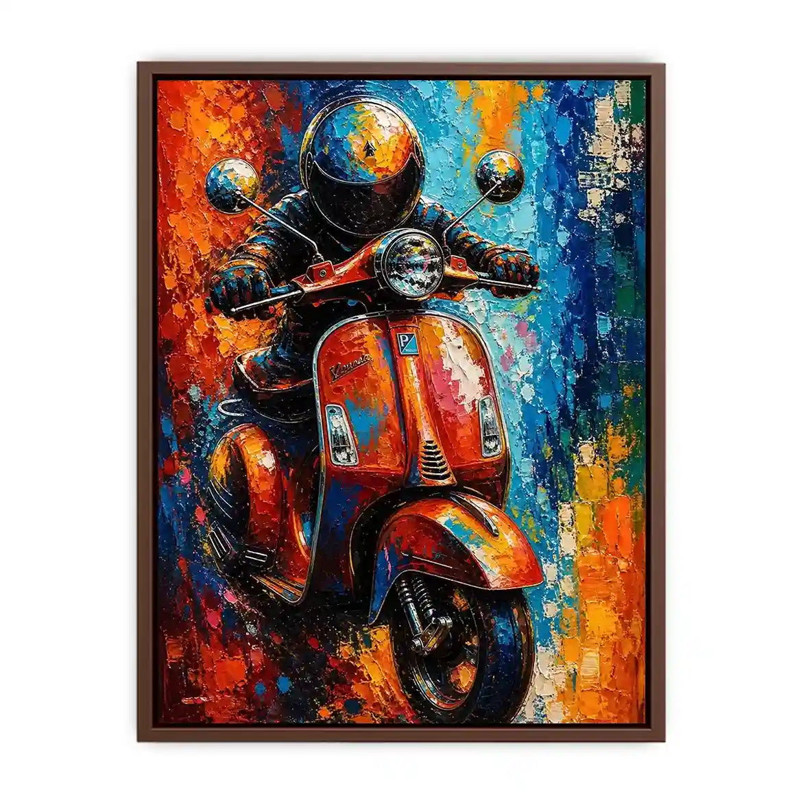 Colorful urban scooter painting with graffiti splashes and vibrant neon tones