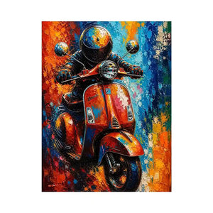 Colorful urban scooter painting with graffiti splashes and vibrant neon tones