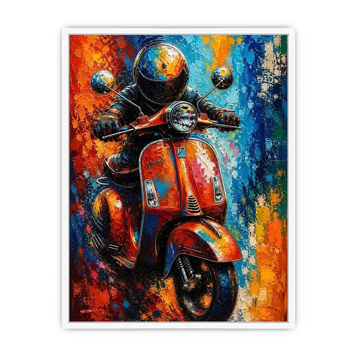 Colorful urban scooter painting with graffiti splashes and vibrant neon tones