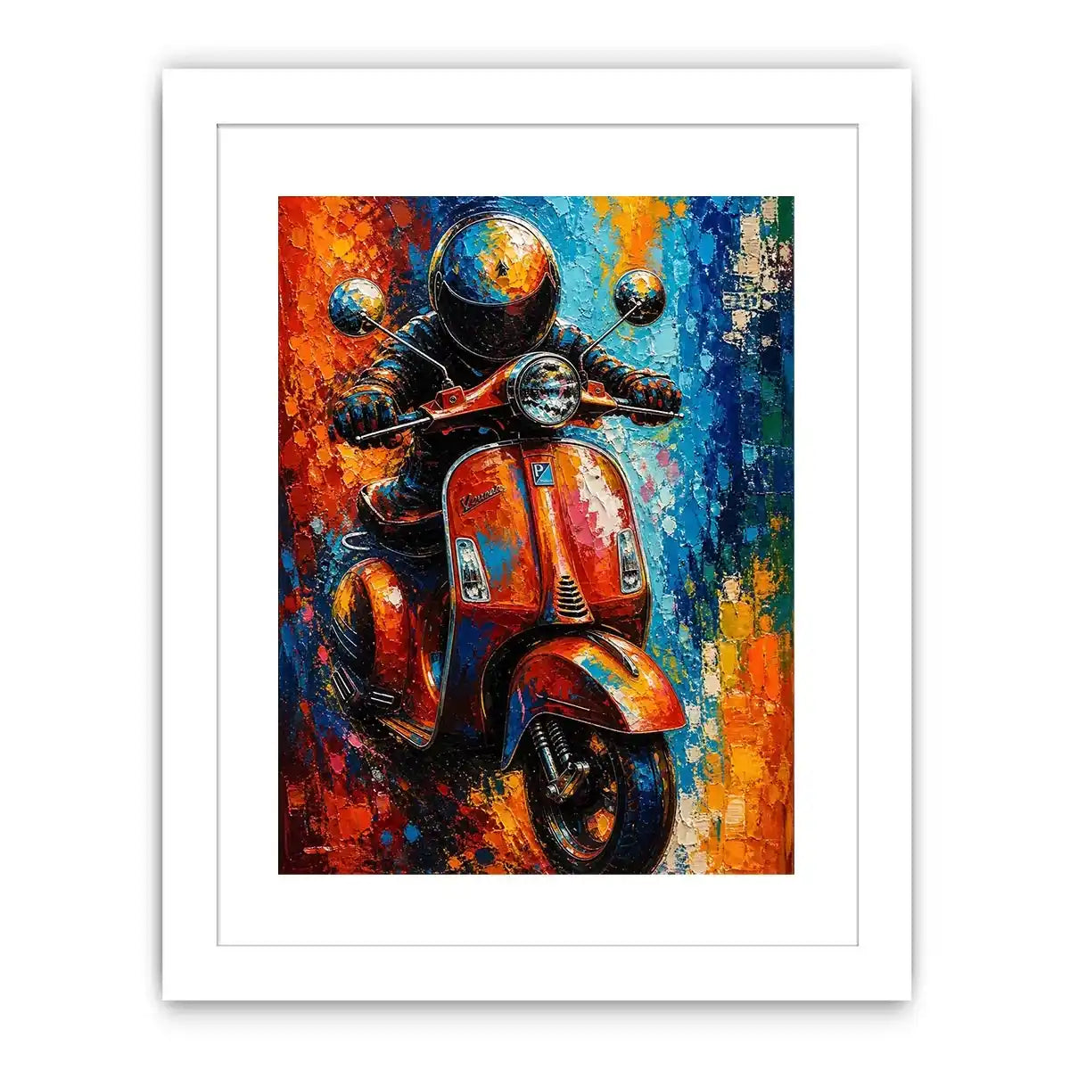 Colorful urban scooter painting with graffiti splashes and vibrant neon tones
