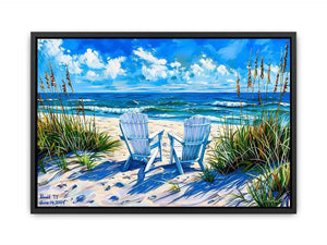 Beach chairs ocean view wall art coastal seaside canvas print for living room bedroom decor