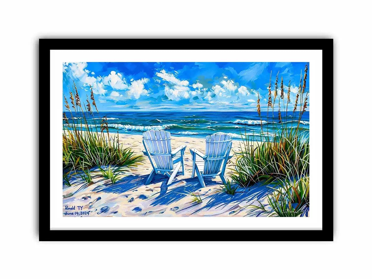 Beach chairs ocean view wall art coastal seaside canvas print for living room bedroom decor