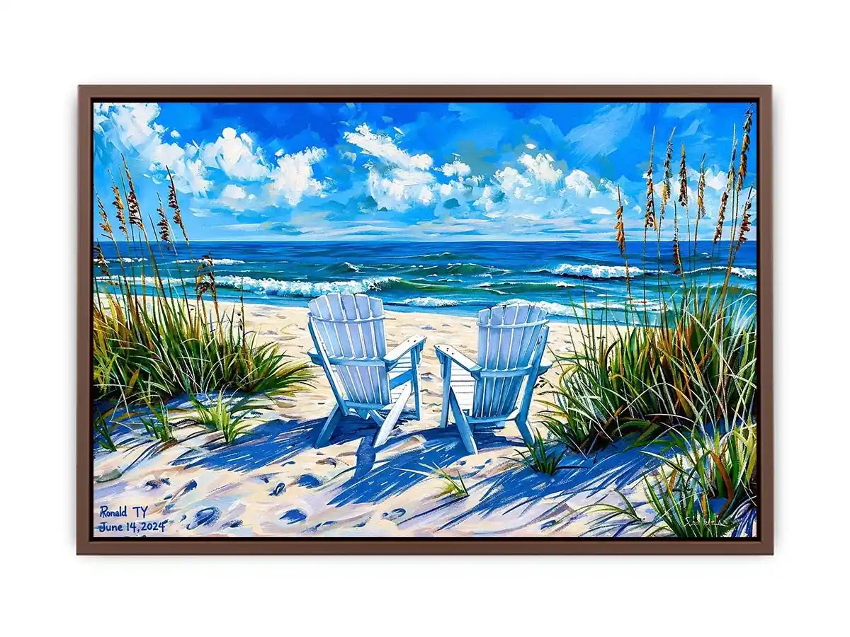 Beach chairs ocean view wall art coastal seaside canvas print for living room bedroom decor