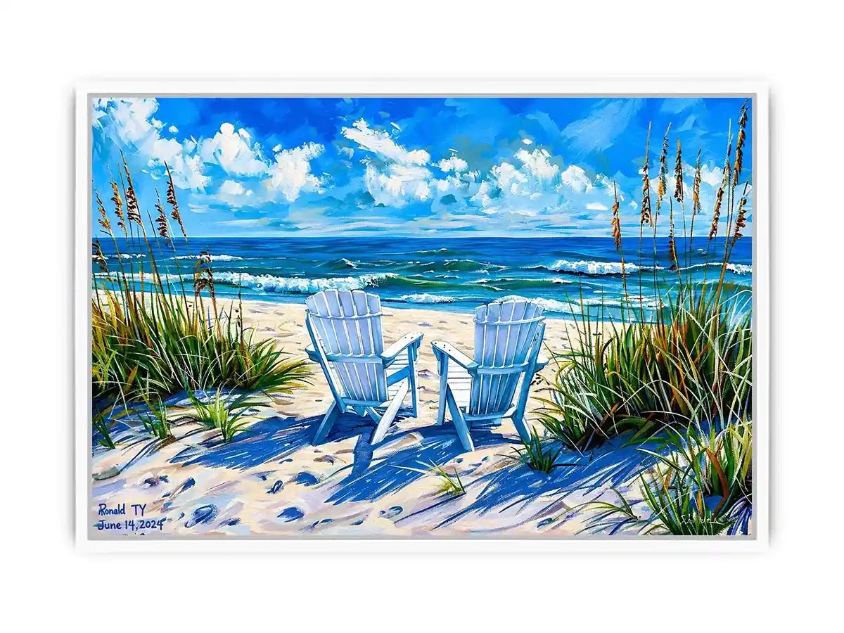 Beach chairs ocean view wall art coastal seaside canvas print for living room bedroom decor