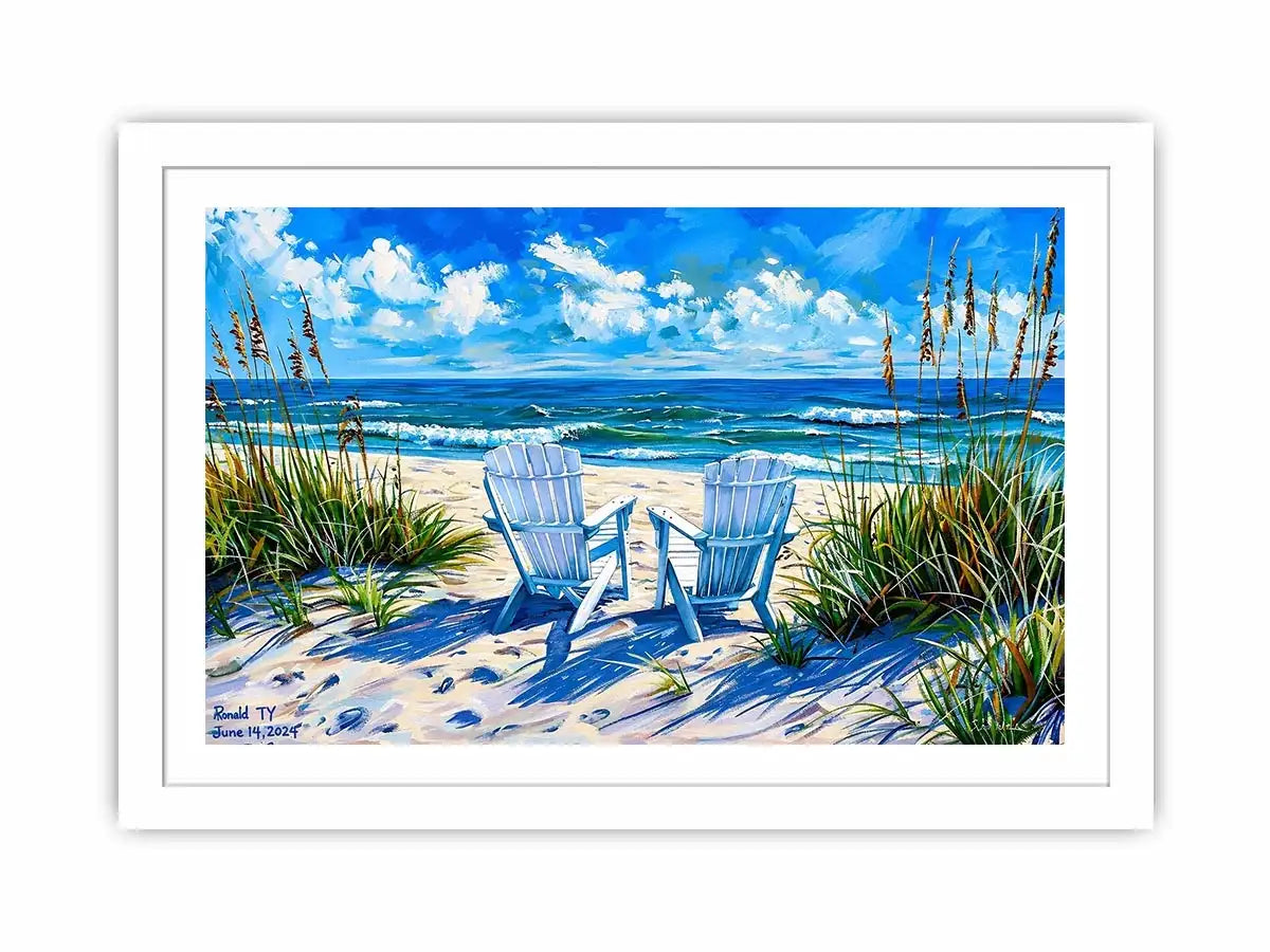 Beach chairs ocean view wall art coastal seaside canvas print for living room bedroom decor