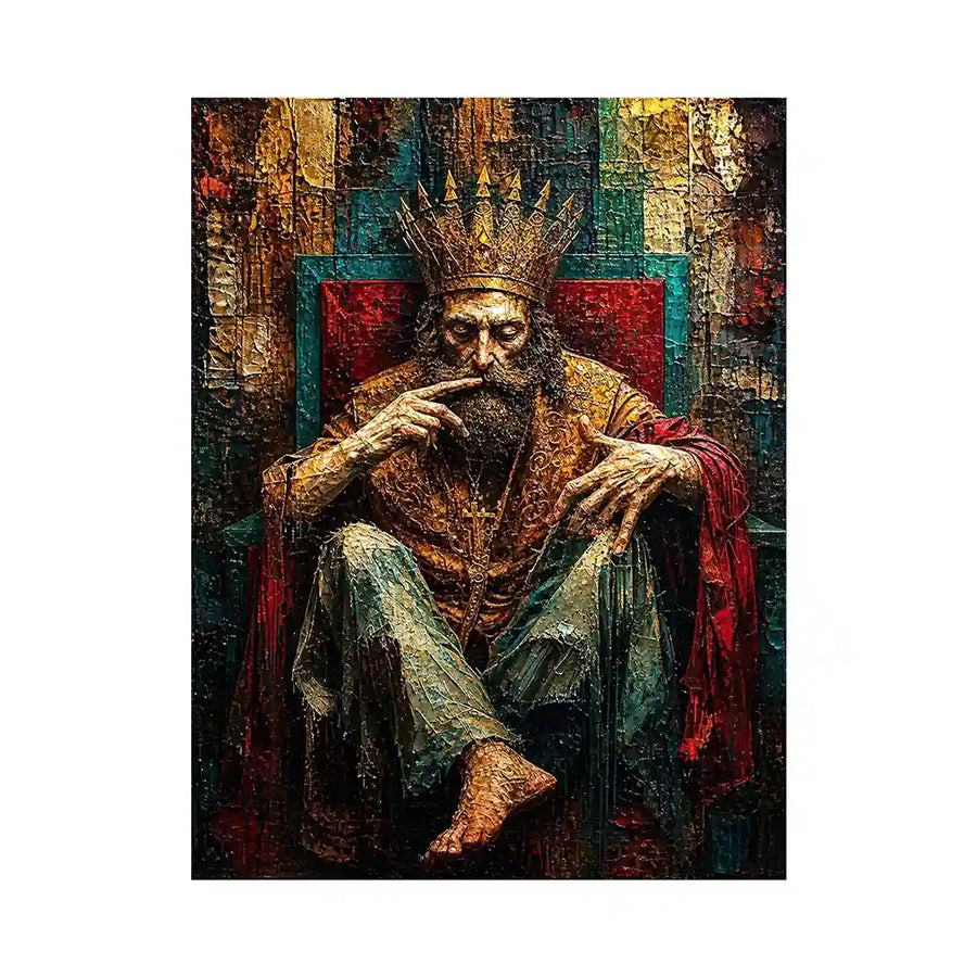 Dark moody king portrait painting with crown and grunge textures