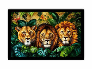 Luxury lion trio jungle wall art with three majestic lions surrounded by tropical leaves, bold wildlife canvas for modern living room decor